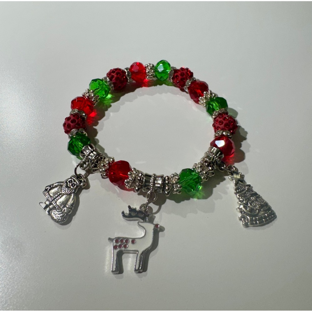Christmas Charm Bracelet | Santa, Reindeer, Tree | Red Green Beads